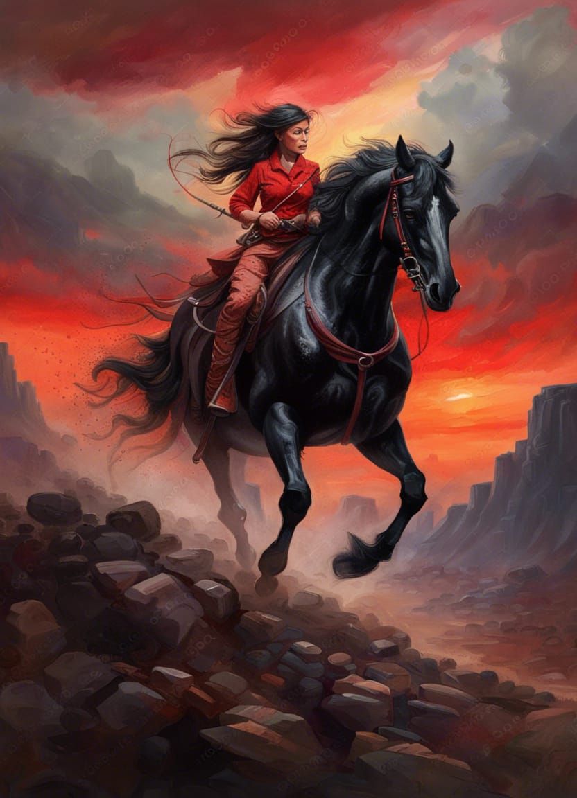 Cowgirl Rides Black Horse at Sunset as Oil Painting