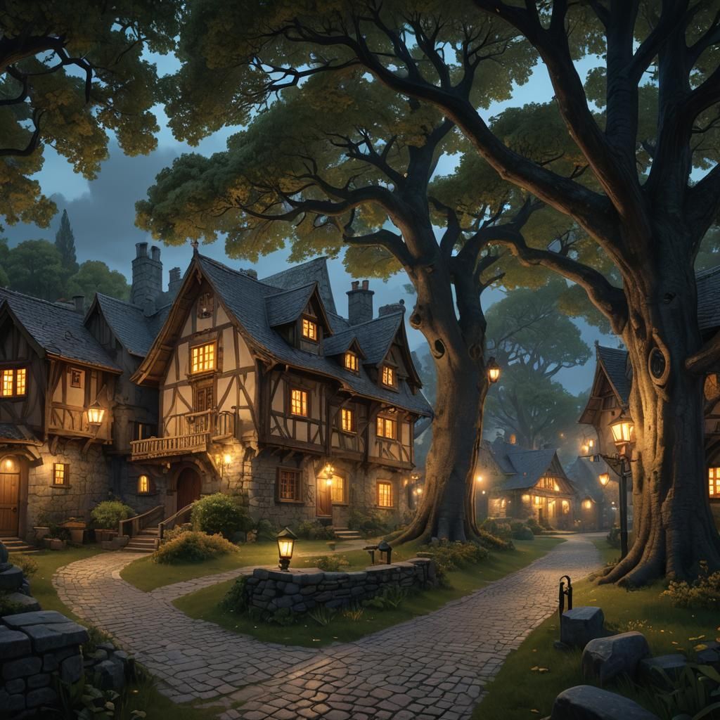 Quaint Village Among Oak Trees at Night