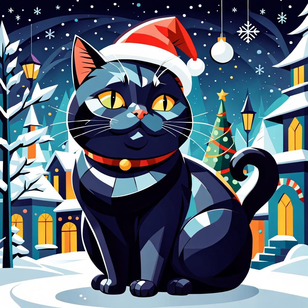 Charming Black Cat Christmas: Digital Art Deco Illustration