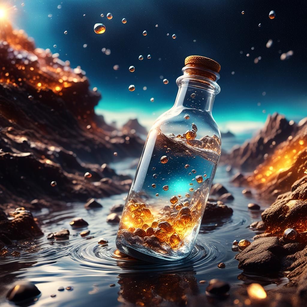 Crystal Water Bottle on Rocky Shoreline in Golden Light