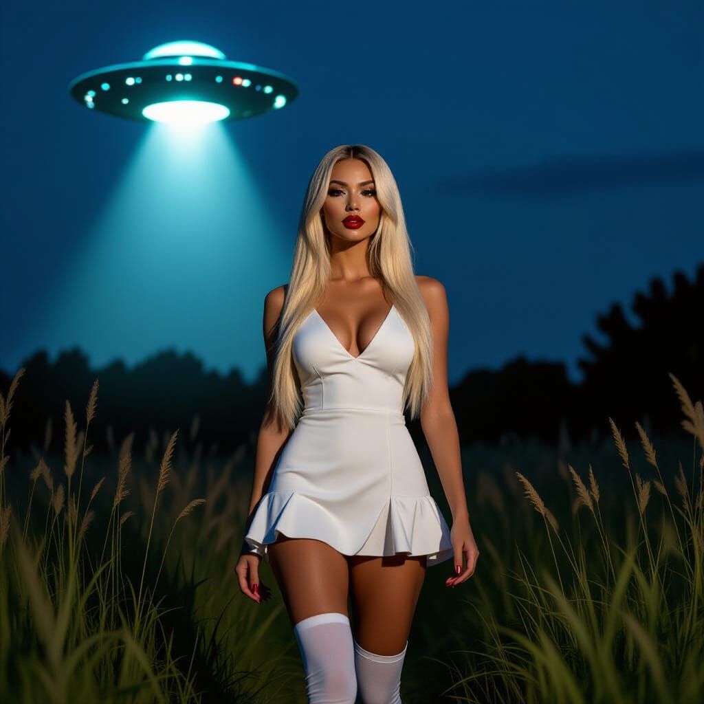 Woman Under UFO in Lush Night Field
