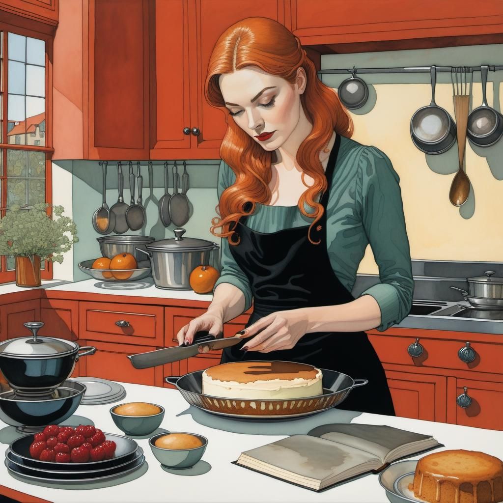 Young Woman Baking: Ink and Acrylic Illustration