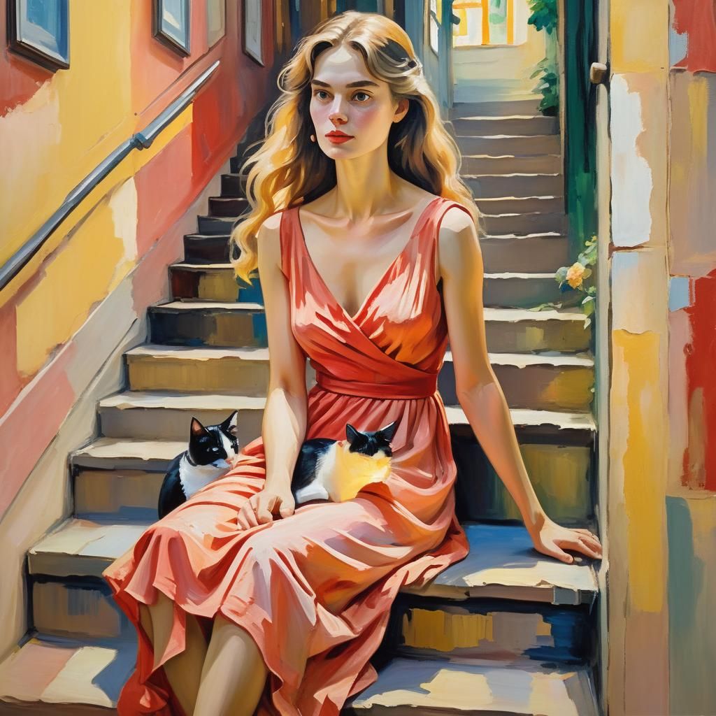 Woman on Stairs: Expressionist Oil Painting
