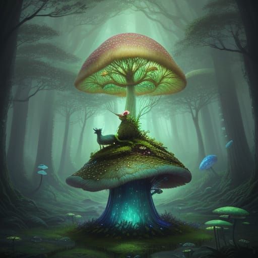 Whimsical Creature on Mushroom in Mystical Forest