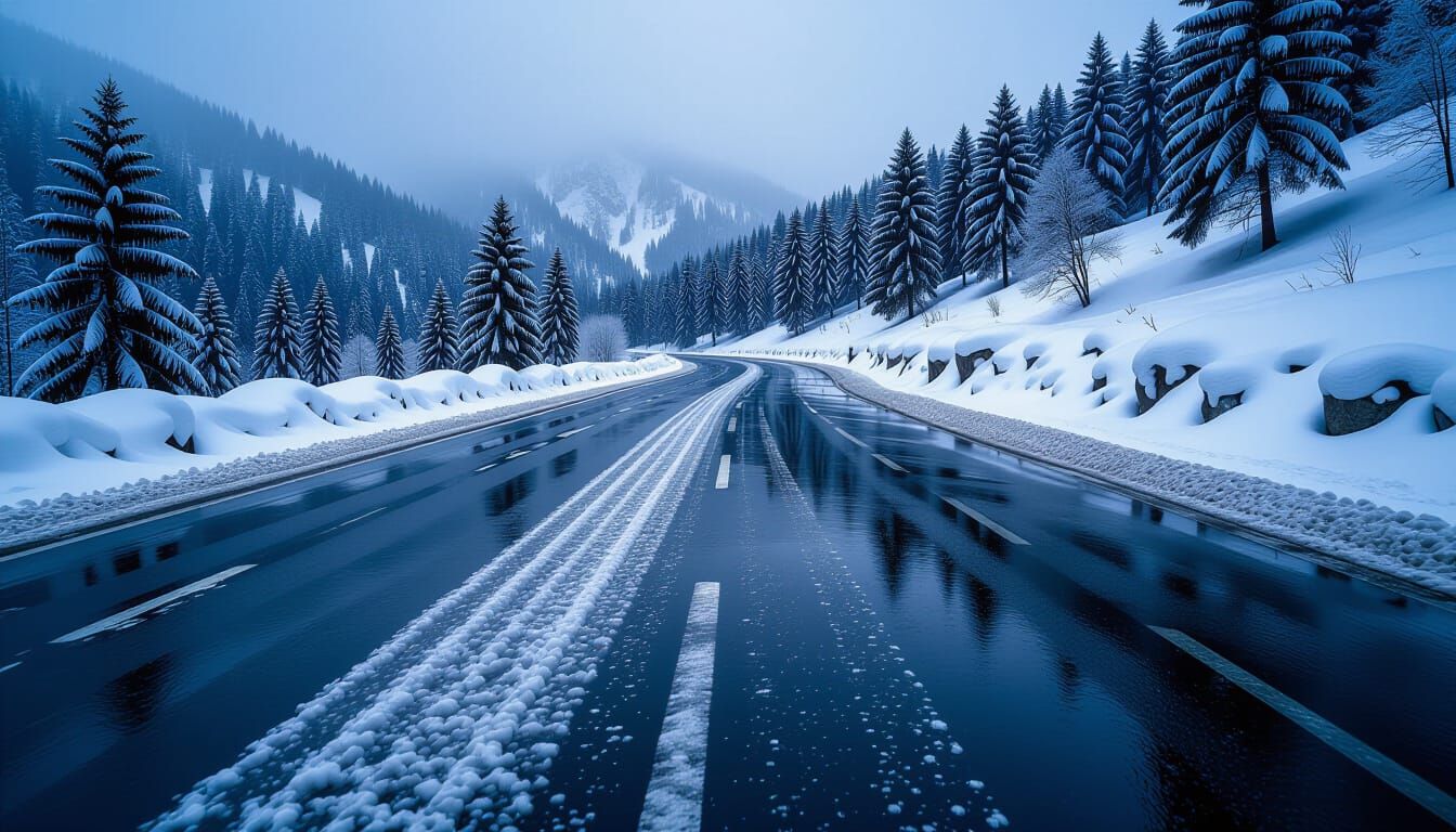 Dangerous Black Ice on Romanian Mountain Road