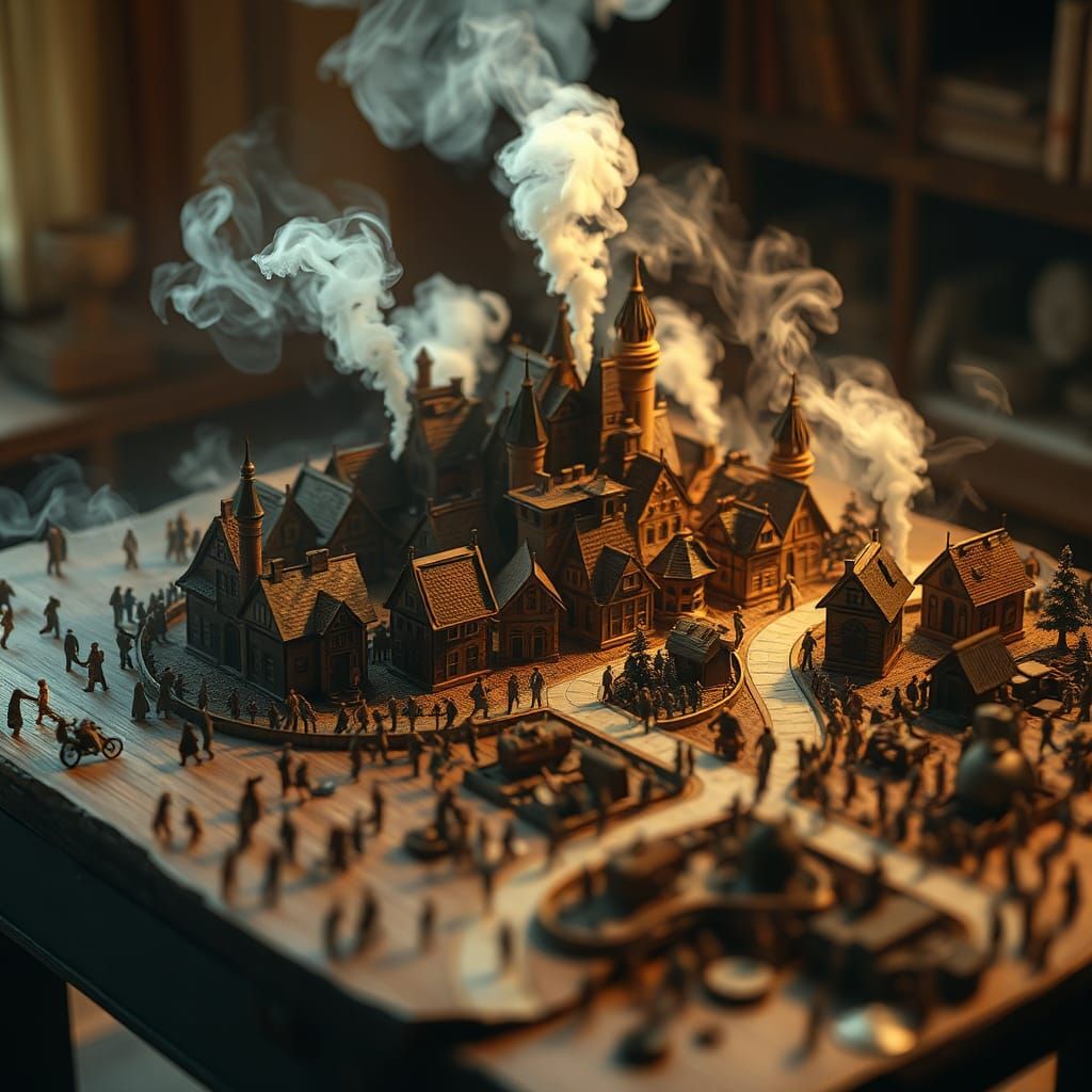 Intricate Miniature Town on Wooden Table