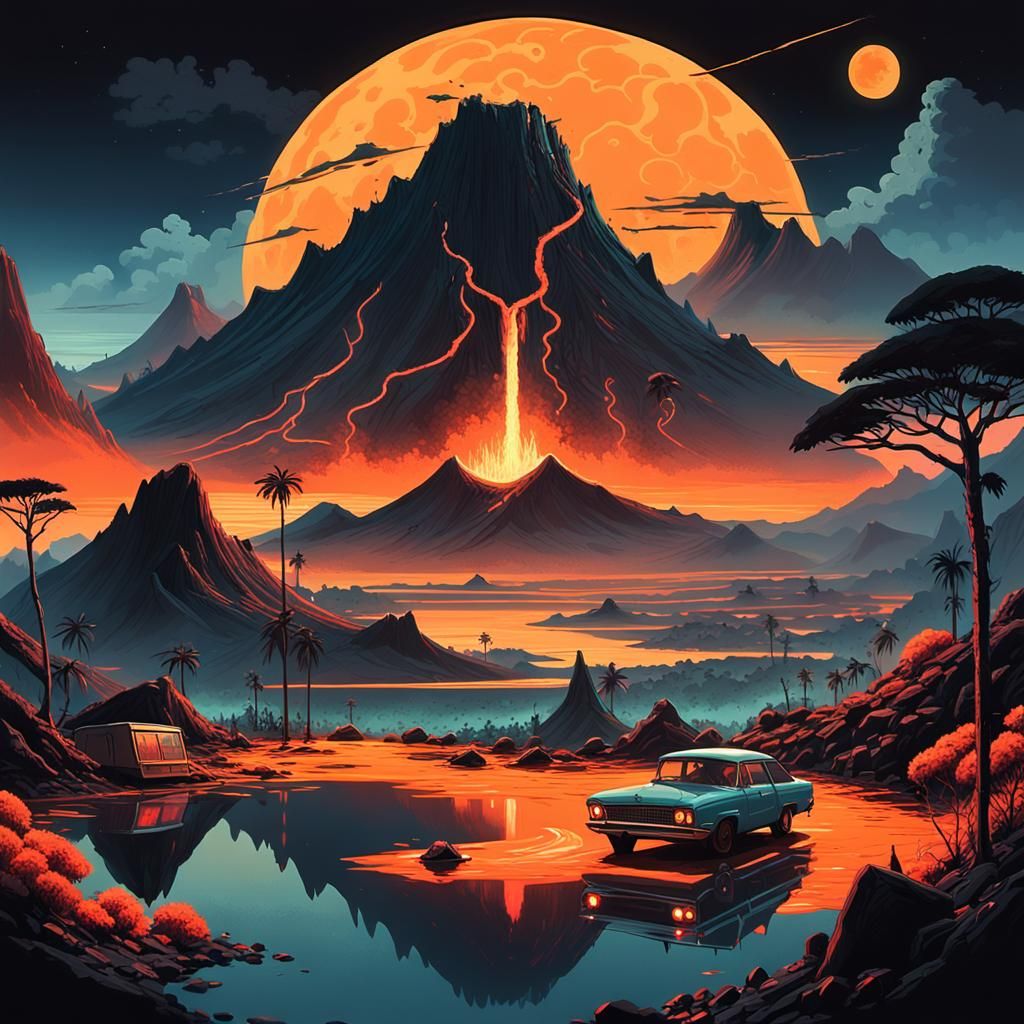 Surreal Volcanic Landscape with Jazz Club, Neon-Noir
