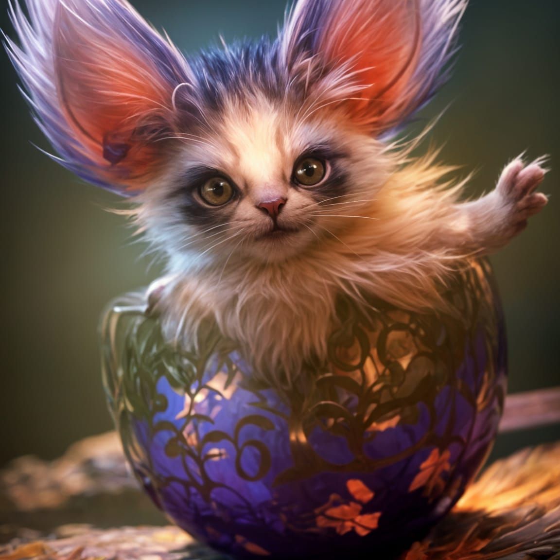 Cute Sabertooth Kitten in Teacup, 3D Digital Art