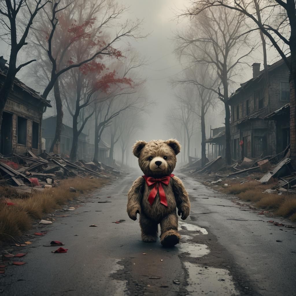 Teddy Bear in Abandoned City: Post-Apocalyptic Matte Paintin...