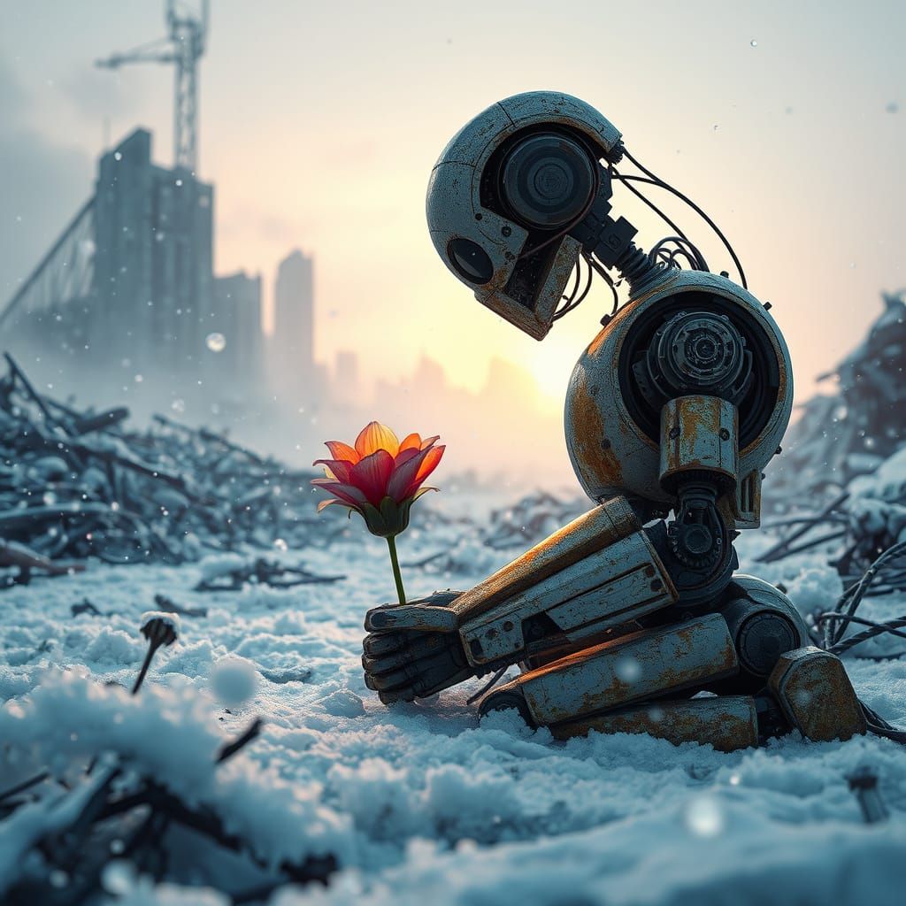 Rusted Robot Reveres Delicate Flower in Snowy Ruins