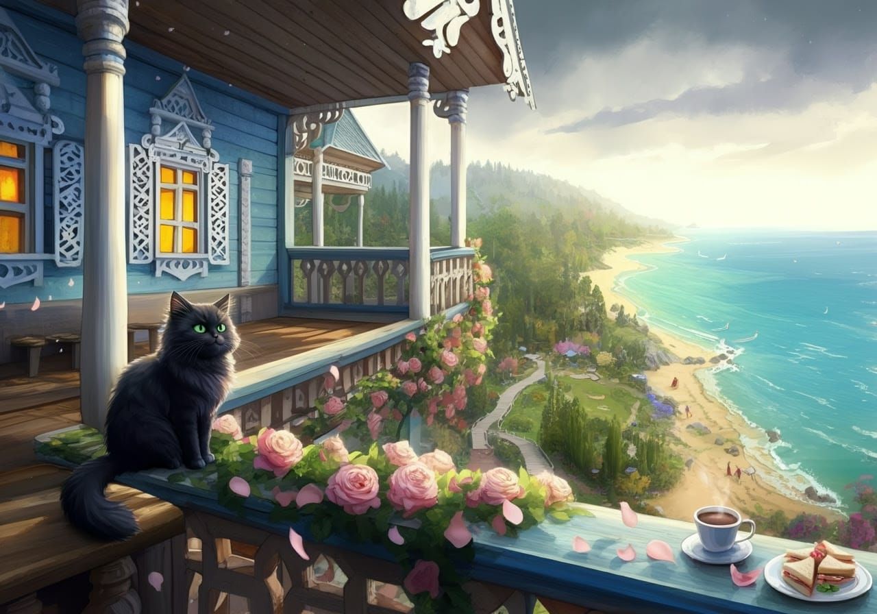 Whimsical Cat on Enchanted Balcony
