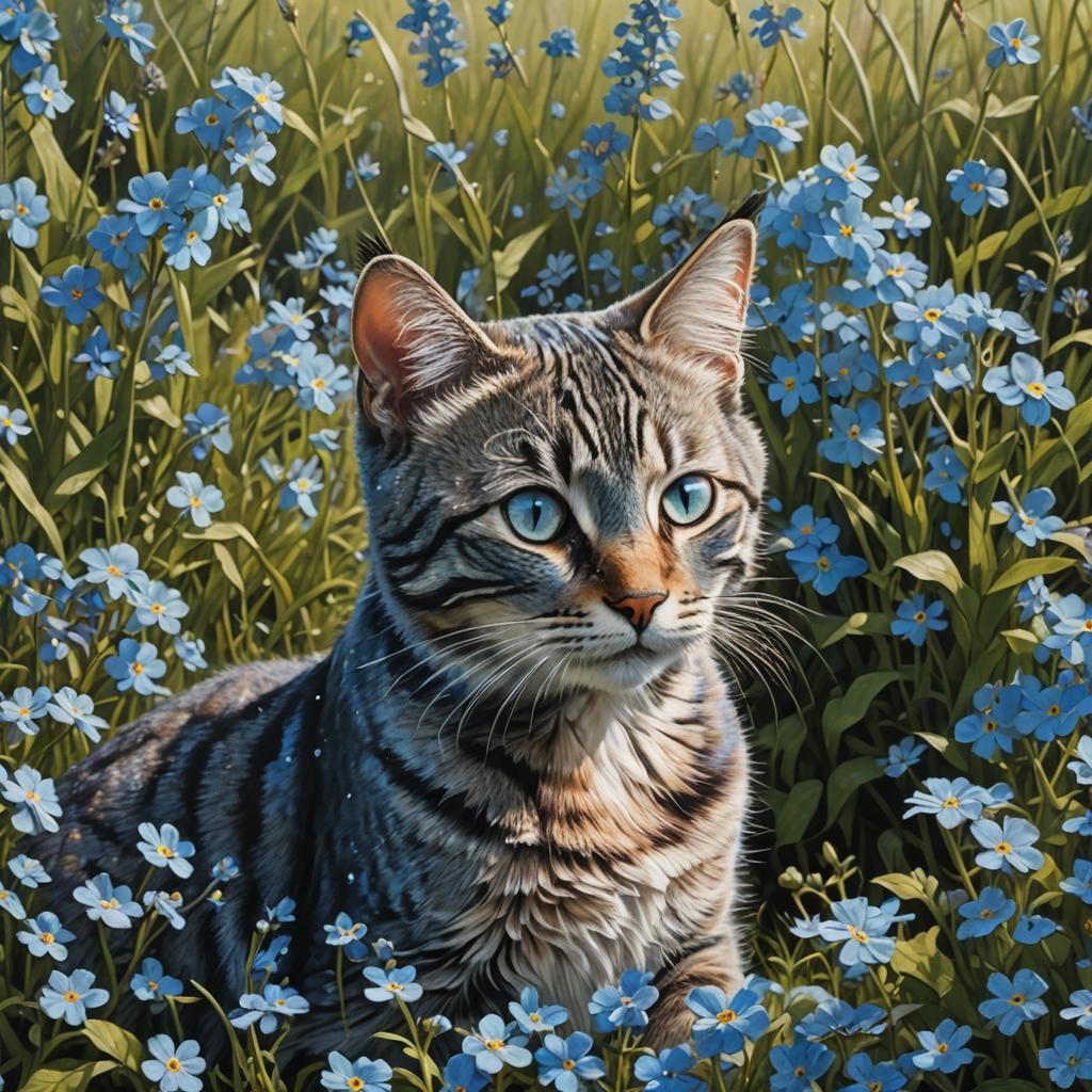 Blue Tabby in Forget-Me-Nots Meadow: Hyperrealistic Splash A...