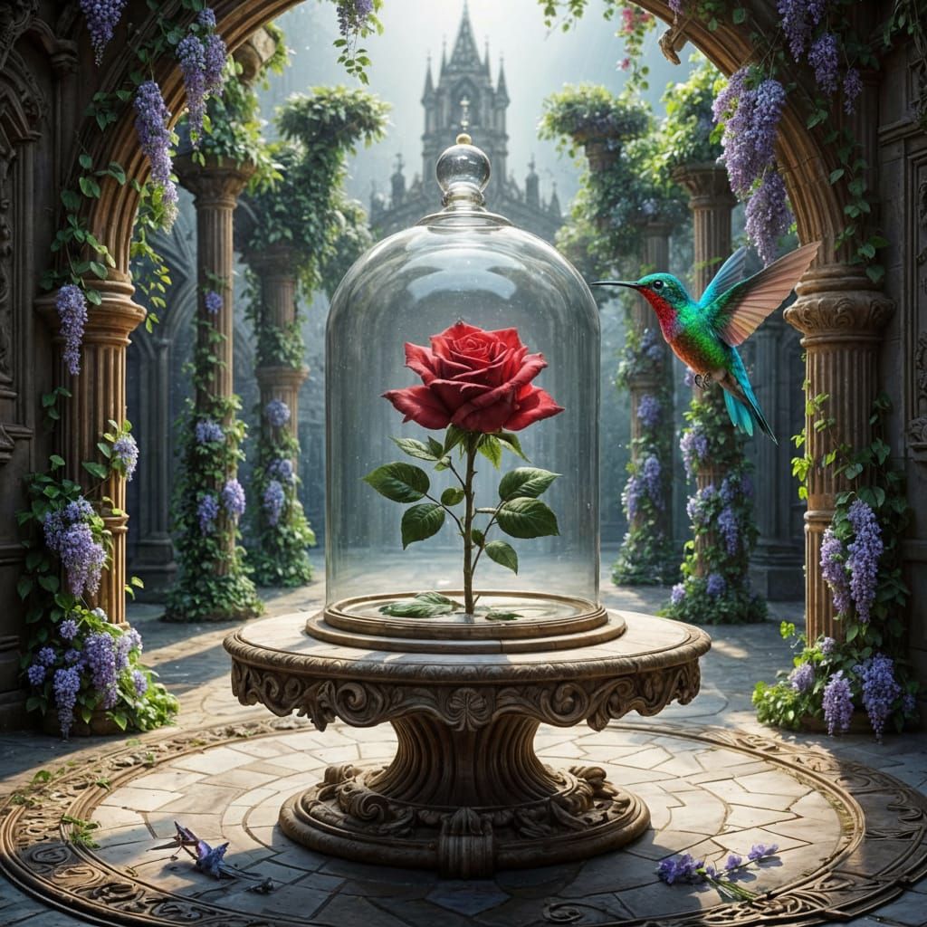 Red Rose in Glass Dome on Baroque Table