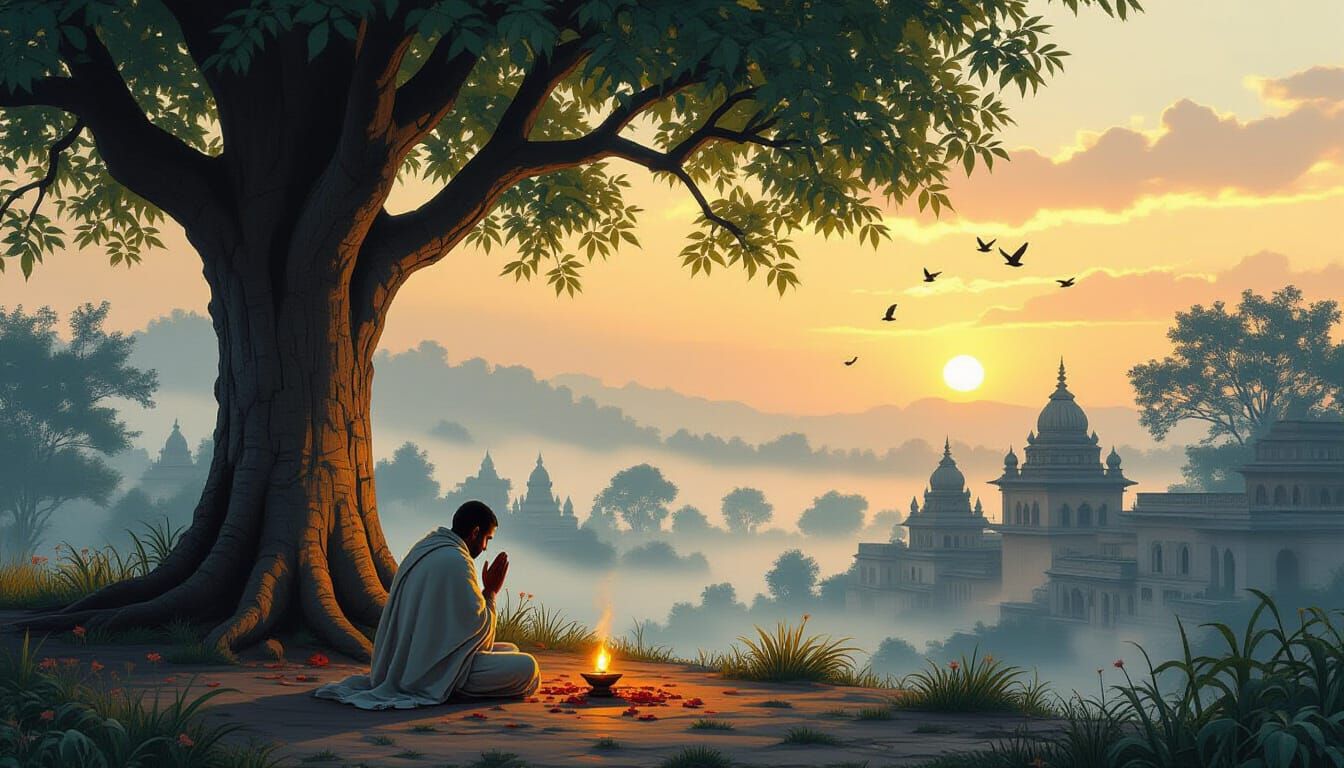 Spiritual Dawn in Indian Village: Matte Painting