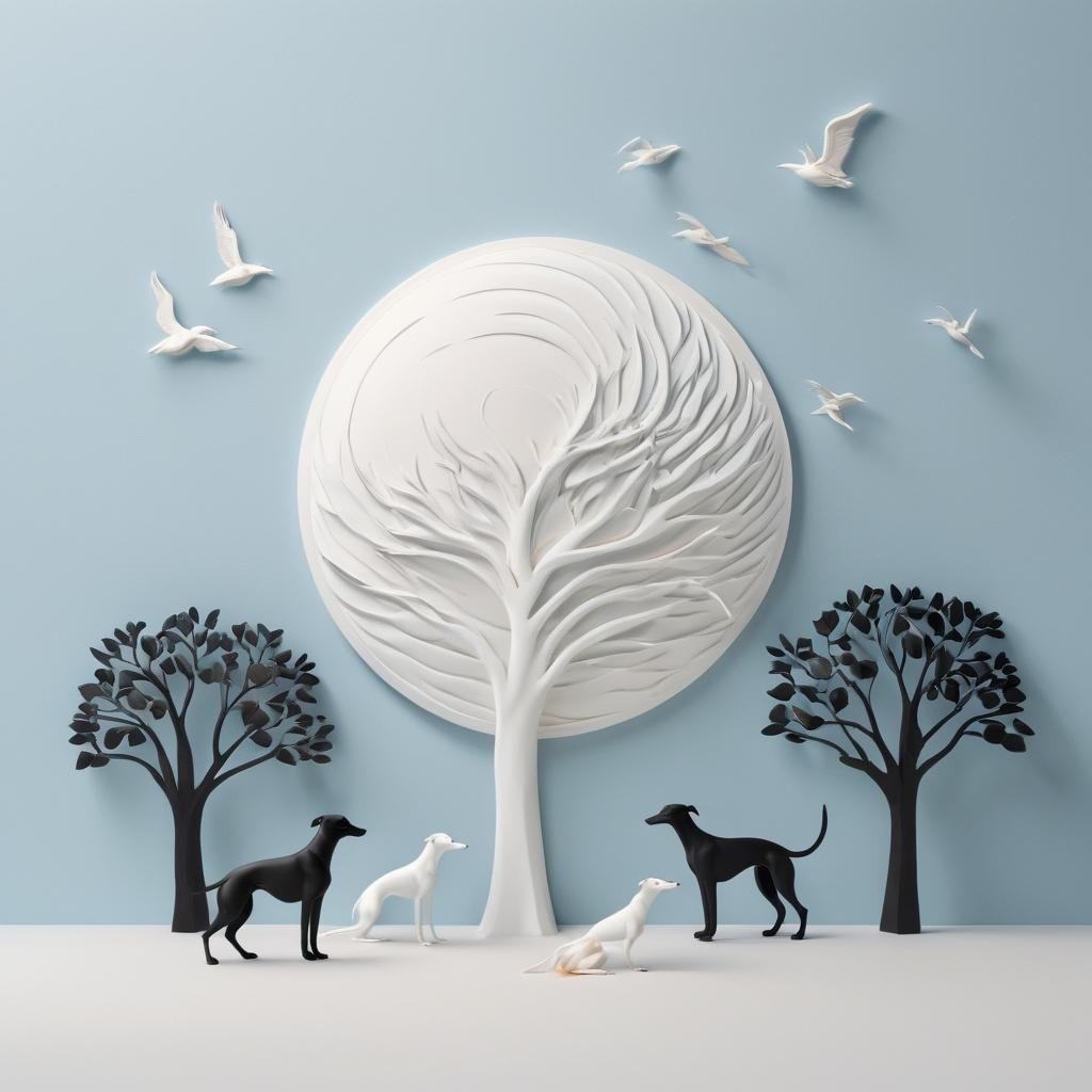 Minimalist Embossed Image with Sun, Birds and Greyhound