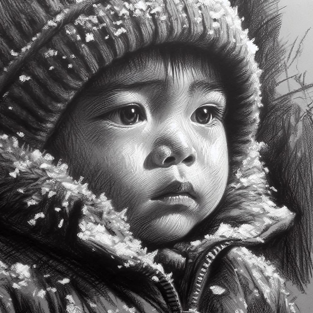 Young Boy Bracing for Snow in Charcoal Style