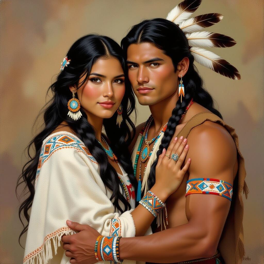 Embracing American Indian Couple in Warm, Detailed Portrait