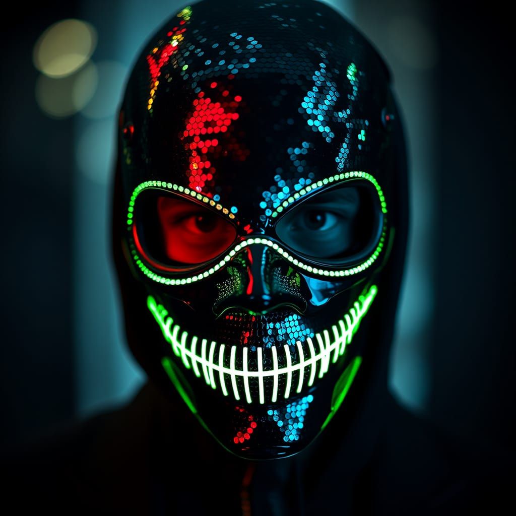 Fluorescent Sequin Mask: Eerie Surreal Geometric Portrait
