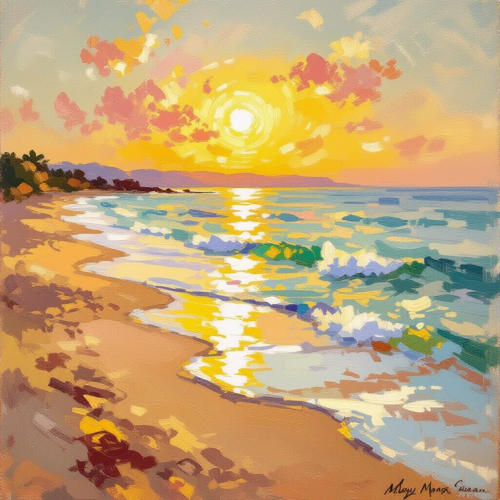 Sunlit Beach in Impressionistic Style
