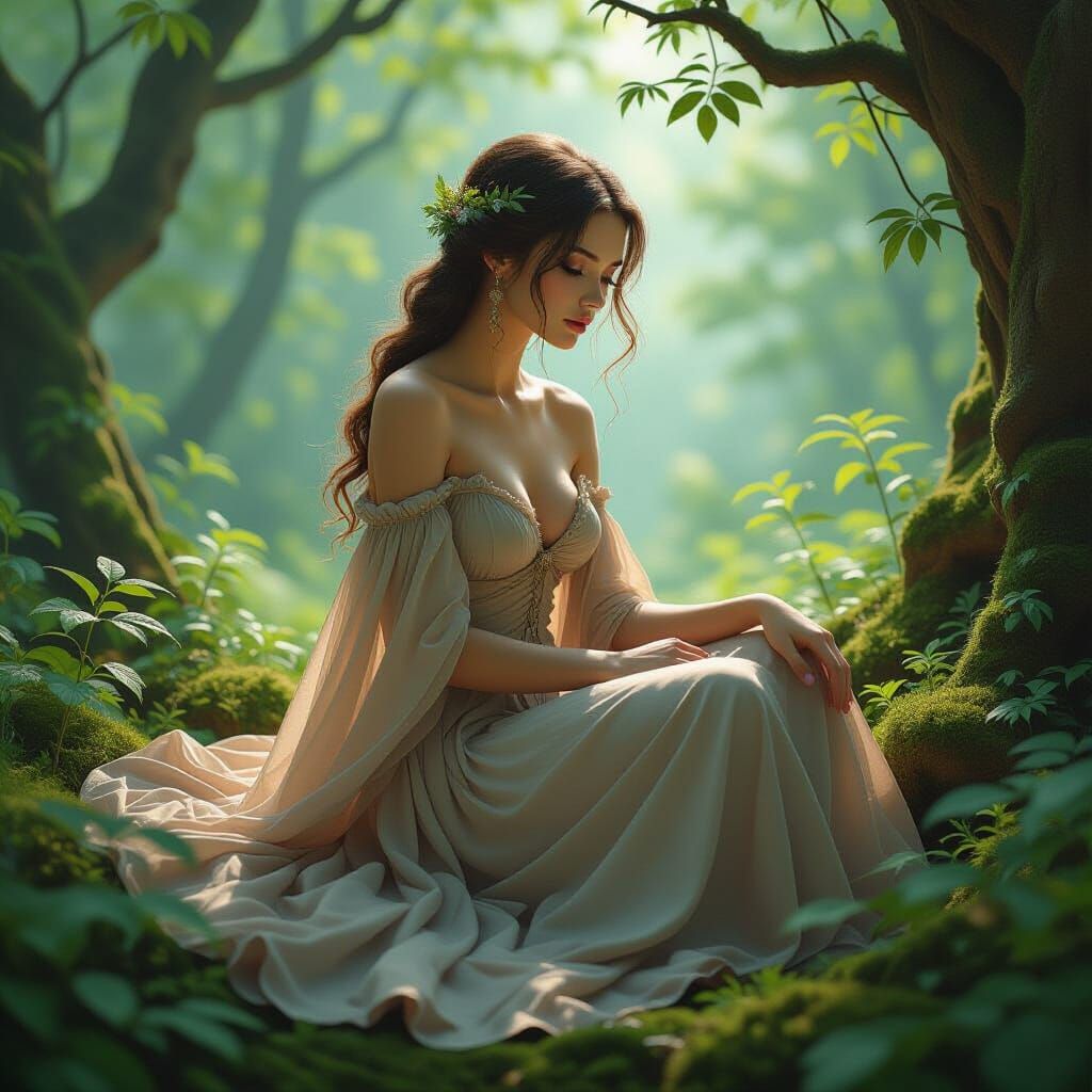 Ethereal Nymph in Forest, Photorealistic Digital Art