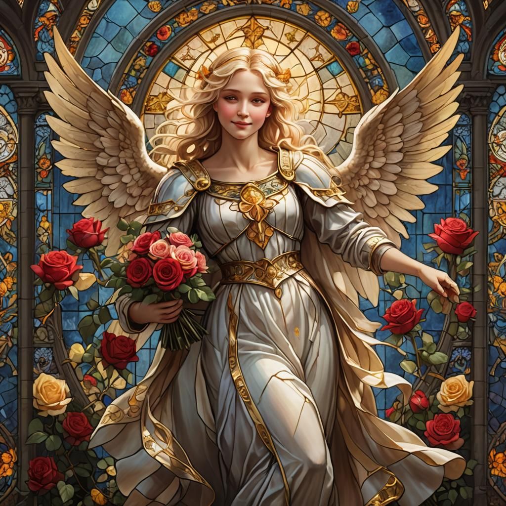 Smiling Angel with Roses in Stained Glass Style