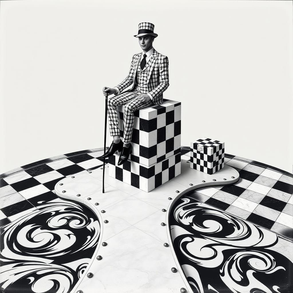 Regal Gentleman in Checkered Cubist Scene