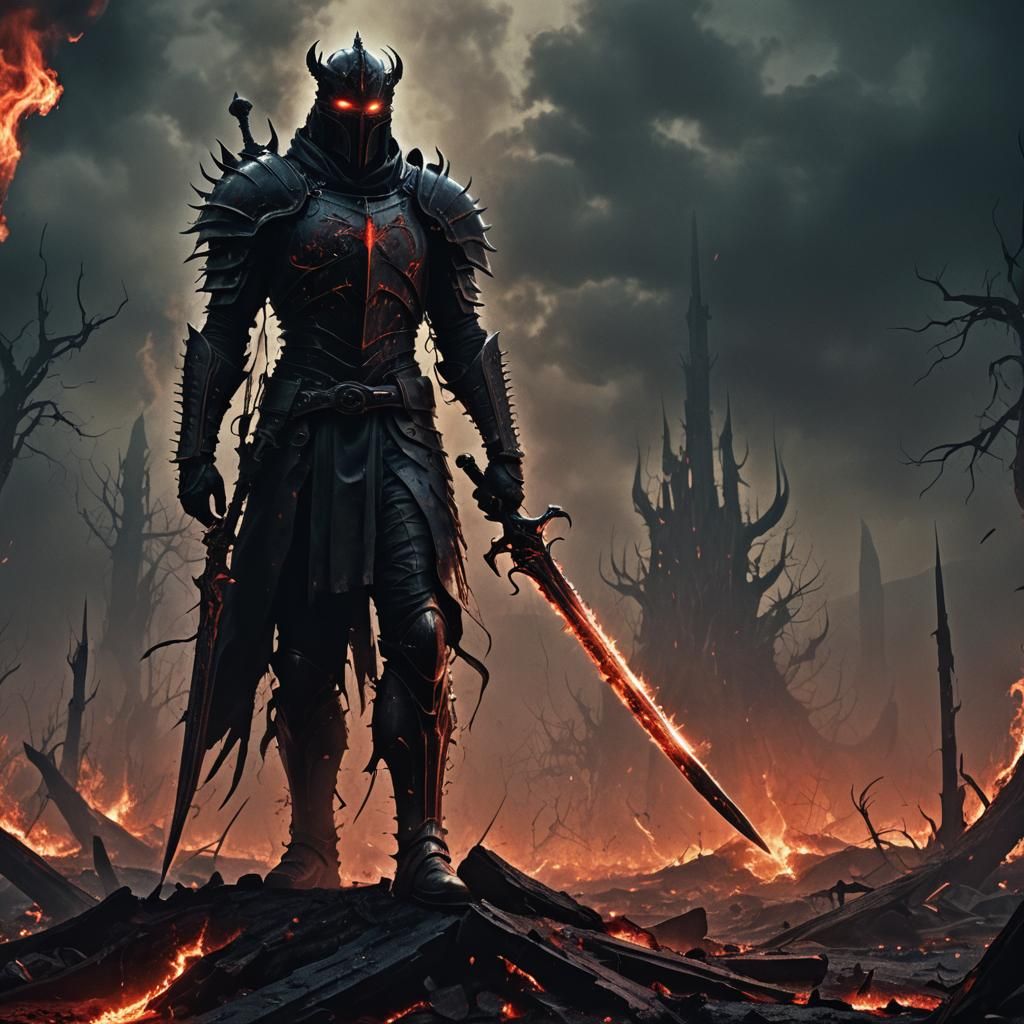 Lone Warrior with Fiery Sword in Dark Fantasy Style