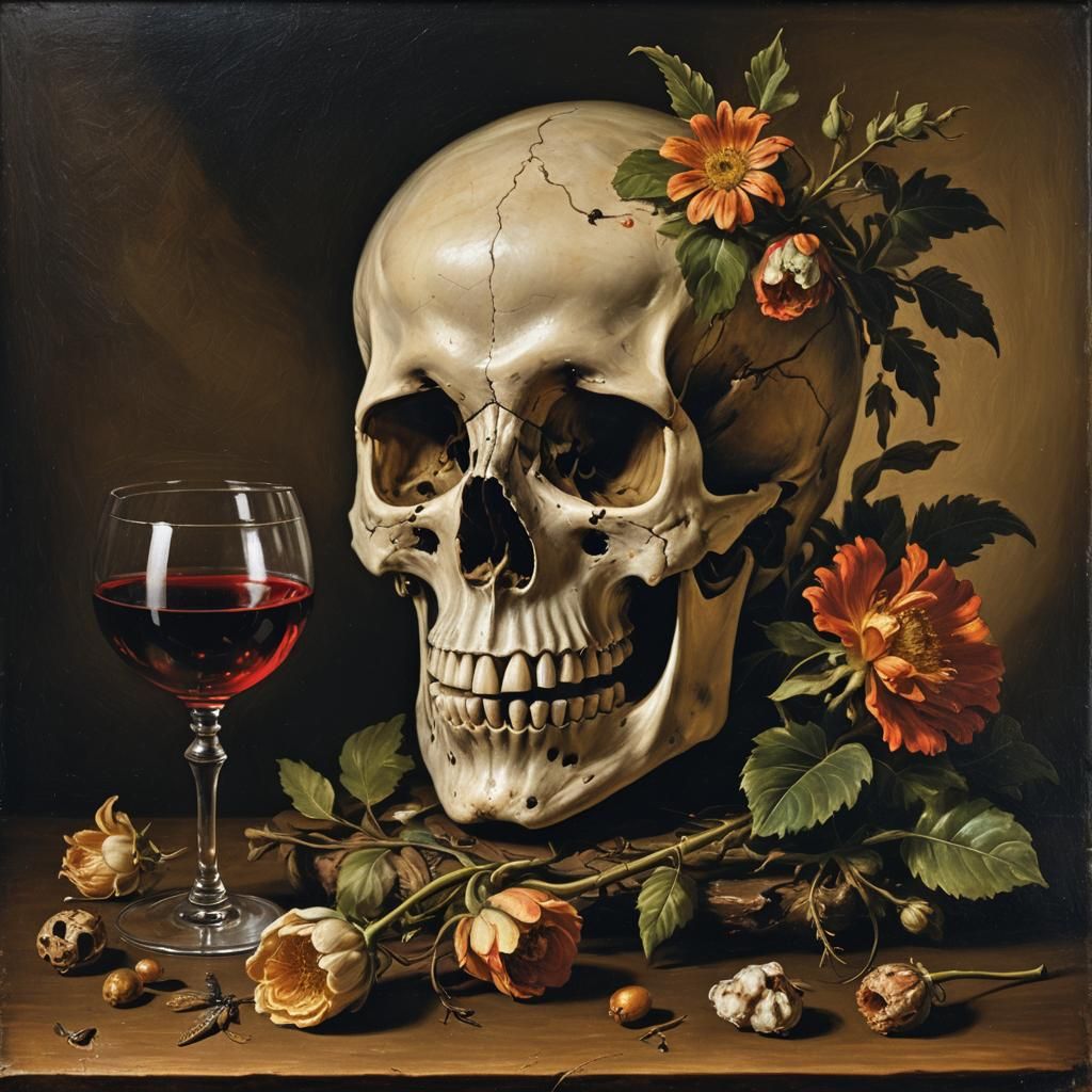 Baroque Still Life with Skull and Dying Flowers