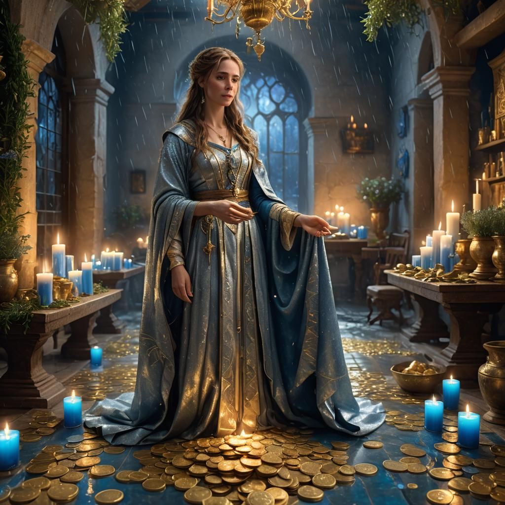 Woman in Gold Rain with Candles, Fantasy Art