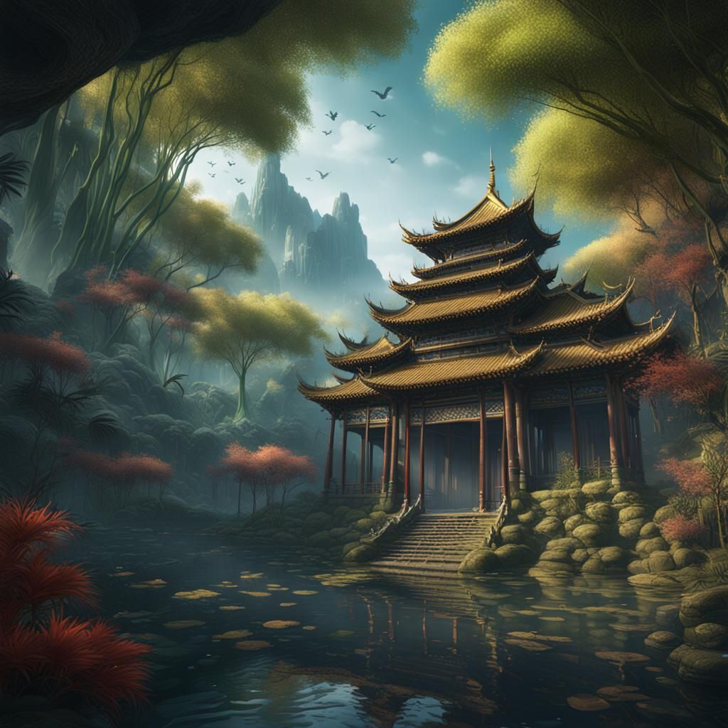 Bamboo Sky: Detailed Matte Painting in Deep Color