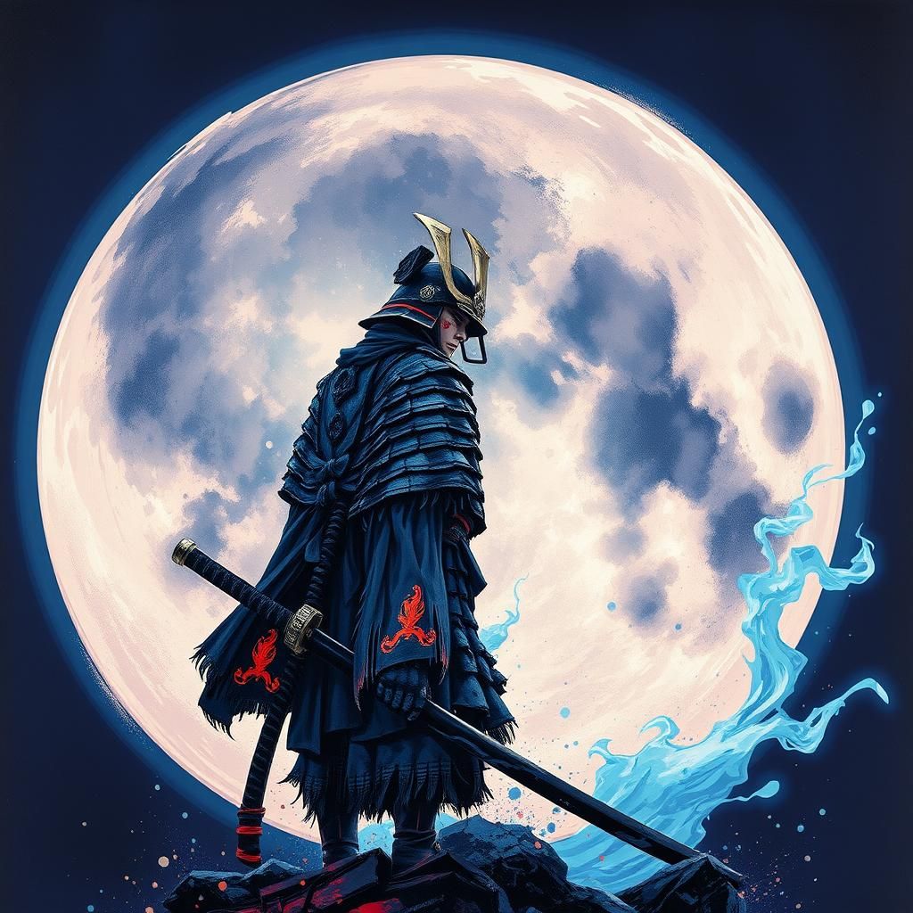 Samurai on the Moon in Graffiti Art Style