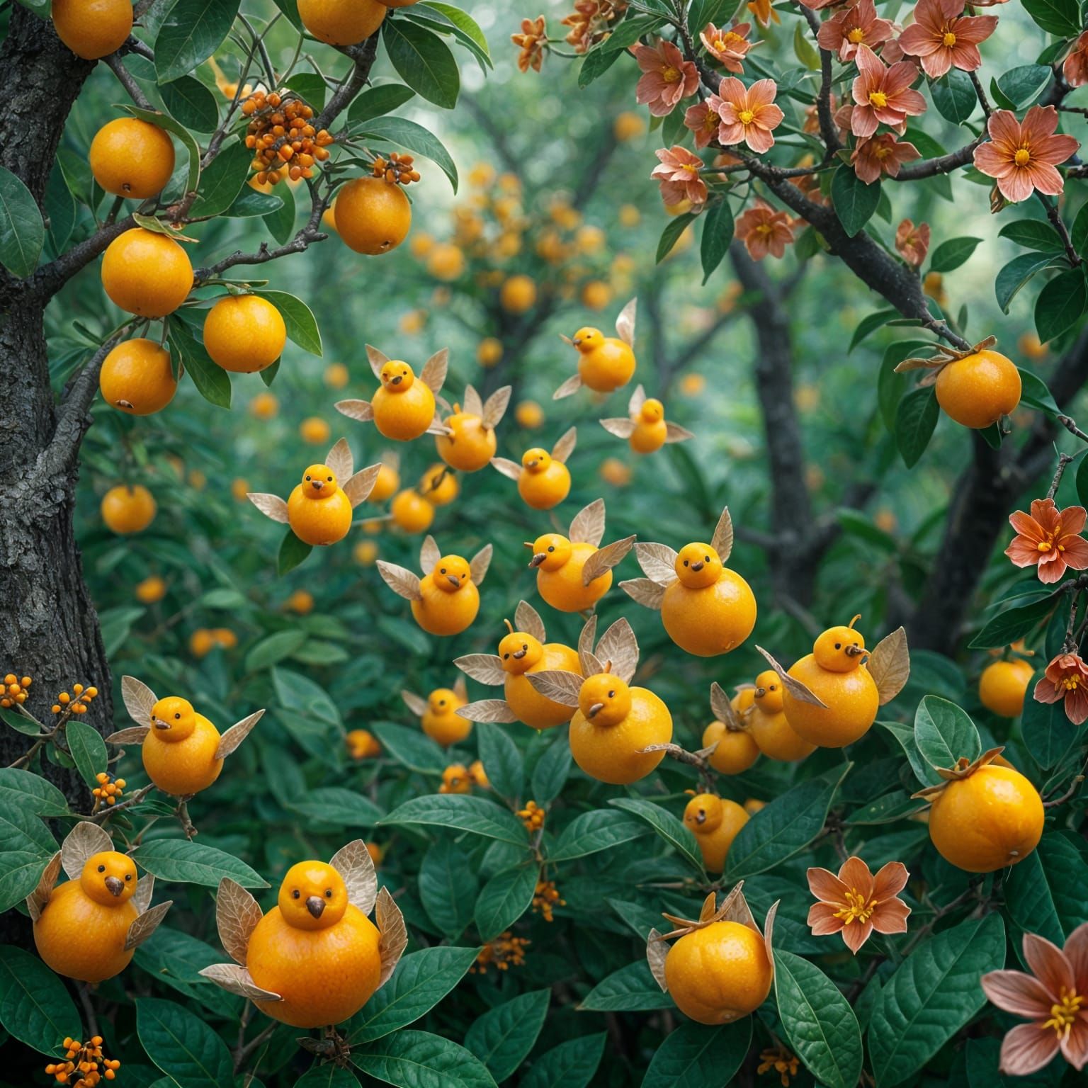 Hyperrealistic Kumquat Birds in a Vibrant Forest