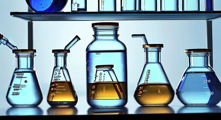 a science laboratory, jars on a shelf containing different u...