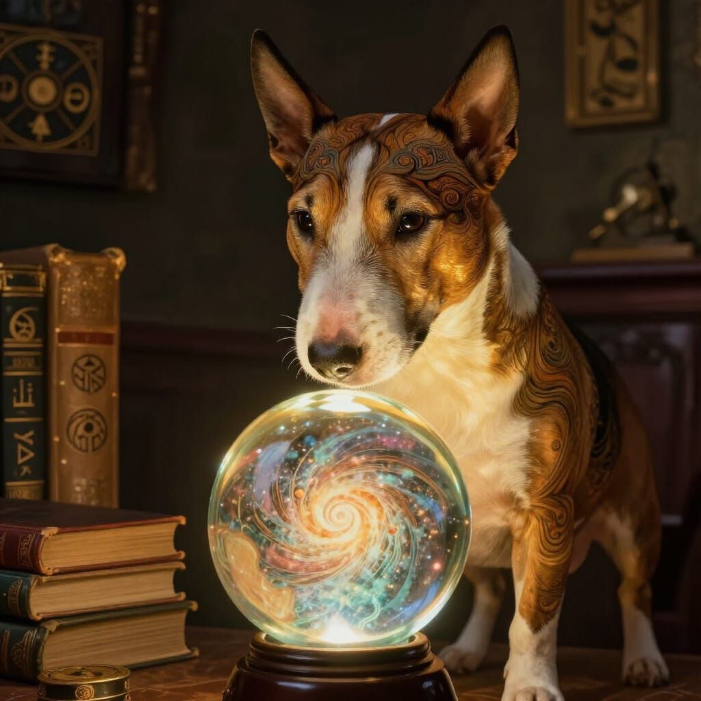 Art Nouveau Bull Terrier Gazes into Crystal Ball Nebula