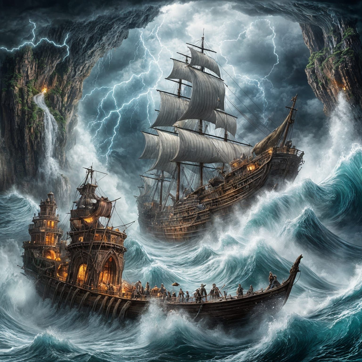 Stormy Waterscape with Ghost Ship and Tentacles