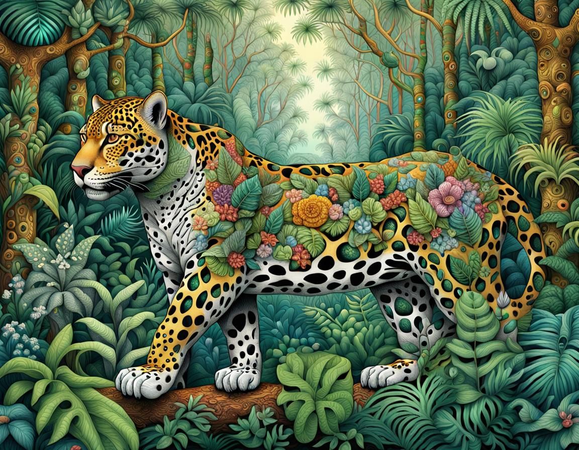 Zentangle Jaguar in Tropical Forest: Maximalist Fantasy