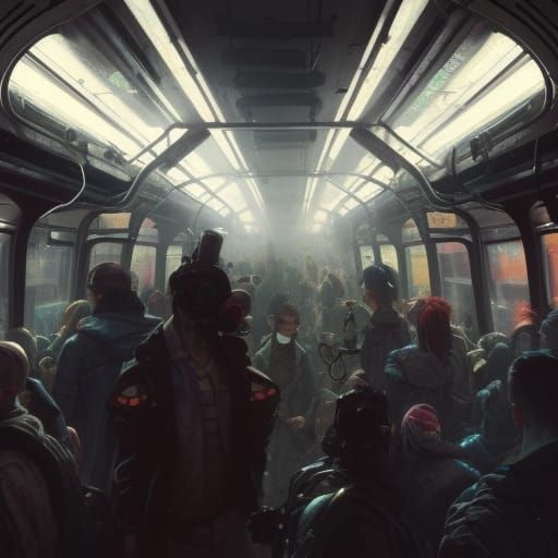 Crowded Cyberpunk Subway Train in Dark Fantasy Style