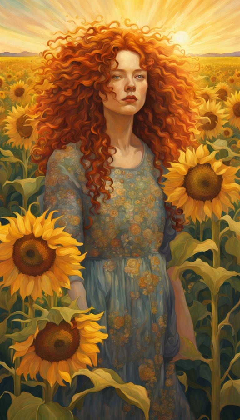 Woman in Sunflower Field, Gustav Klimt Style