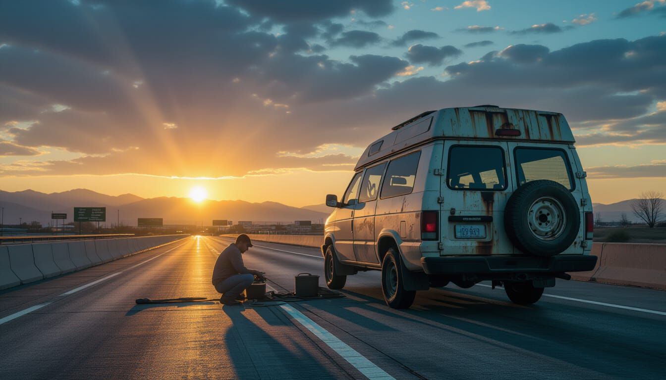 Caravan Flat Tire Repair on Highway Emergency Lane