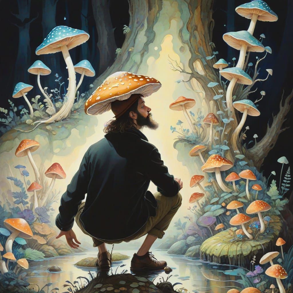 Gelfling on Mushroom: A Whimsical Gouache Painting