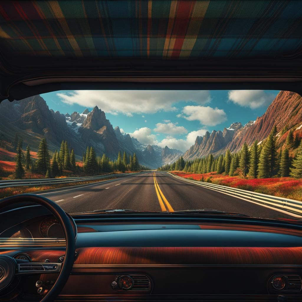Plaid Highway Car View, Detailed Digital Art