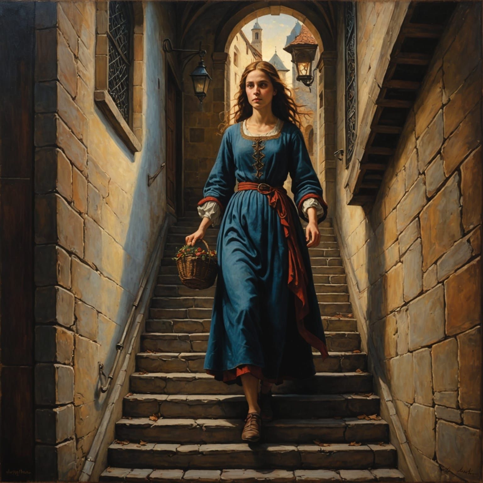 Woman Descends Stairs in Vibrant Chiaroscuro Oil Painting