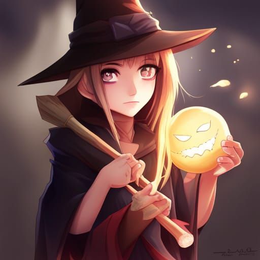 Cute Witch with Broom and Potion in Anime Style