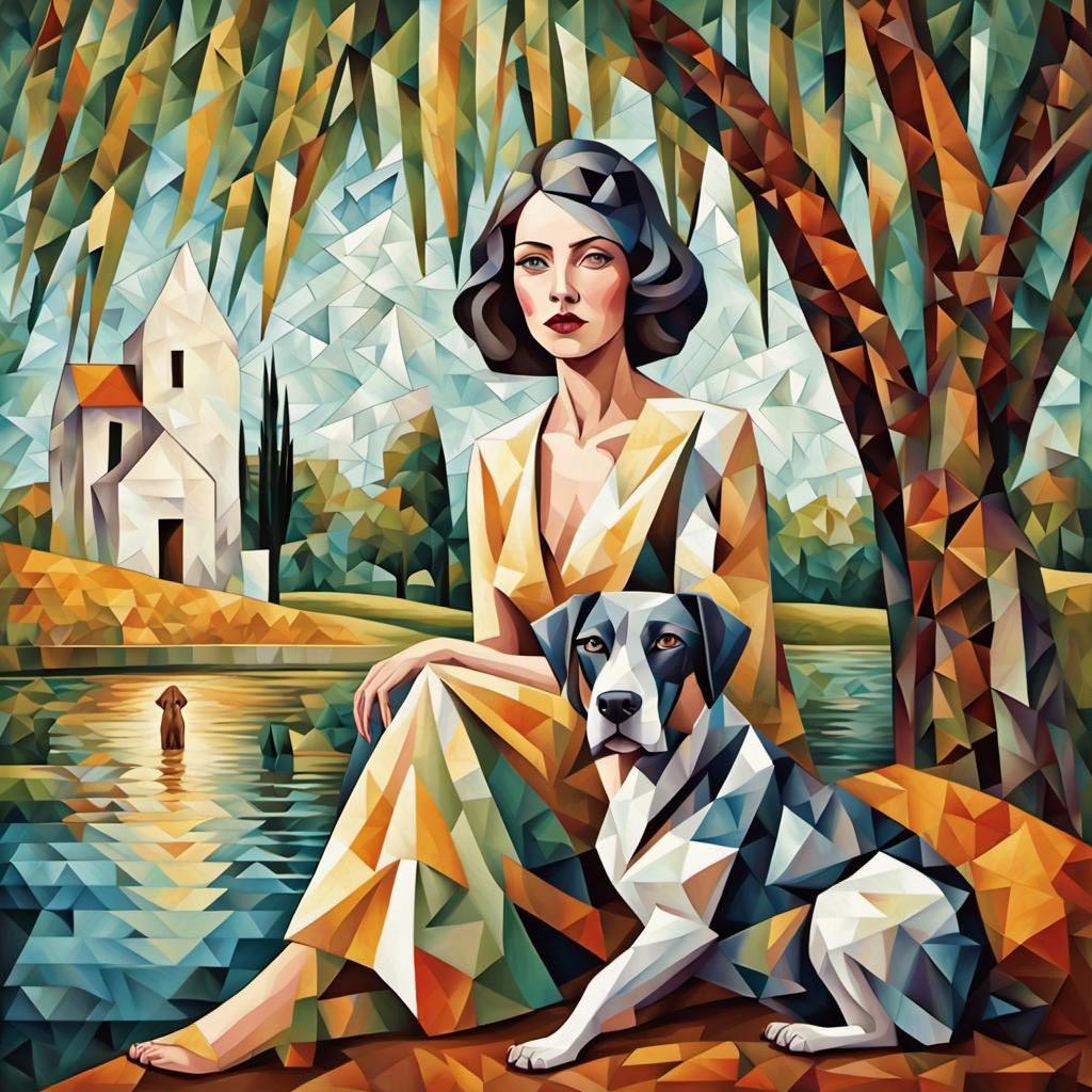 Cubist Woman and Dog Under Willow Tree