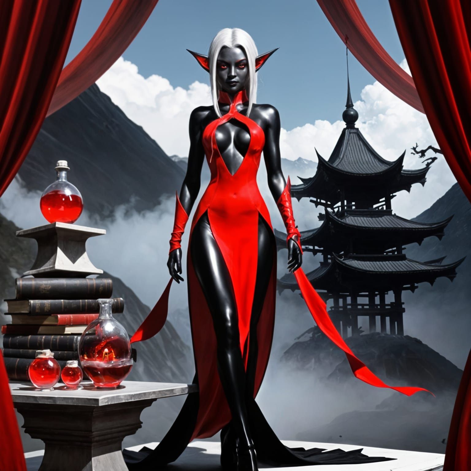 Dark Elf Red Wizard in a Study