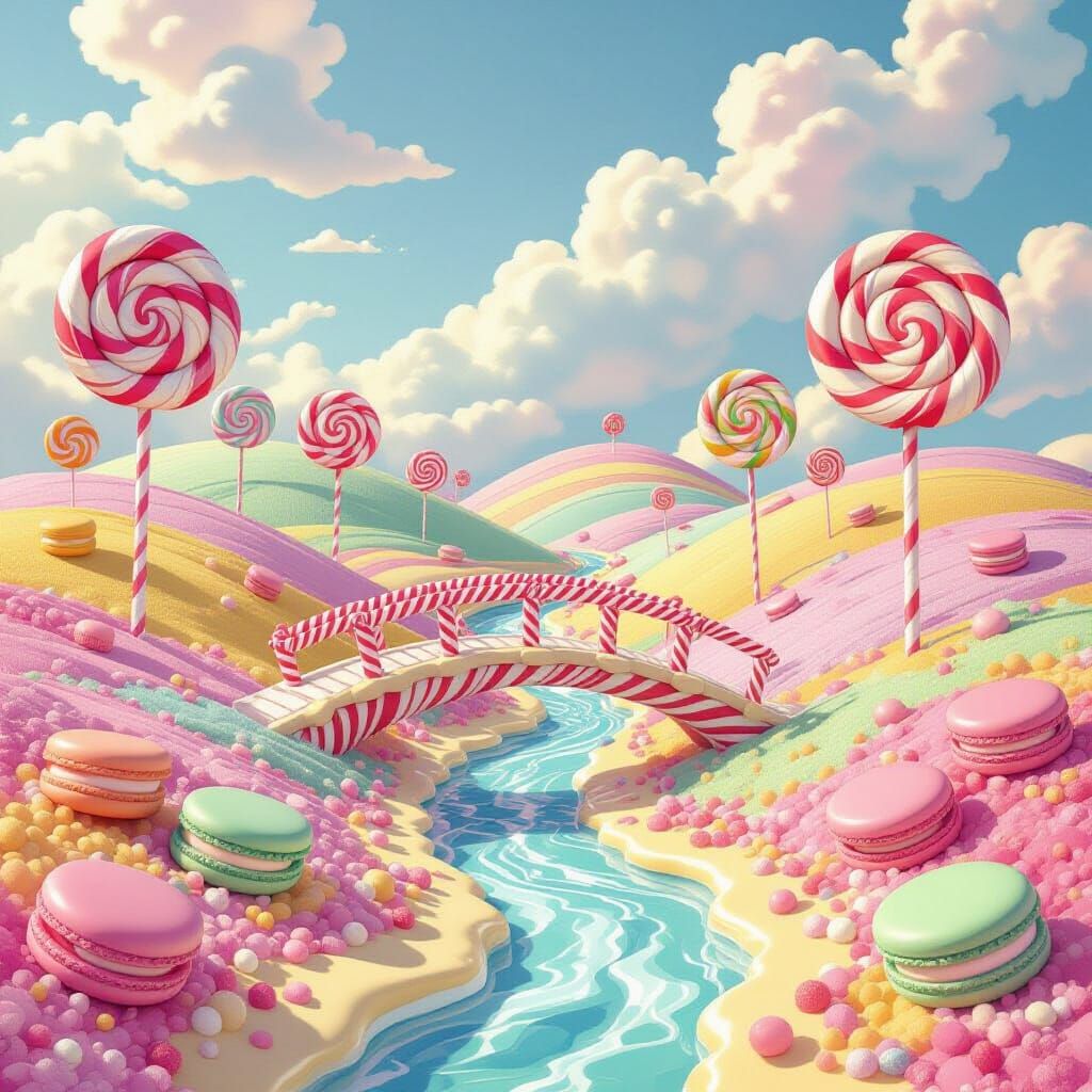 Whimsical Candy Land: Macaron Hills & Chocolate River