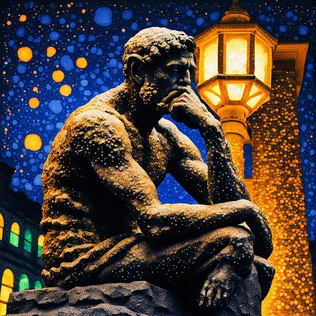 The Thinker Shrugs: Pointillist Portrait in Neo-Impressionis...