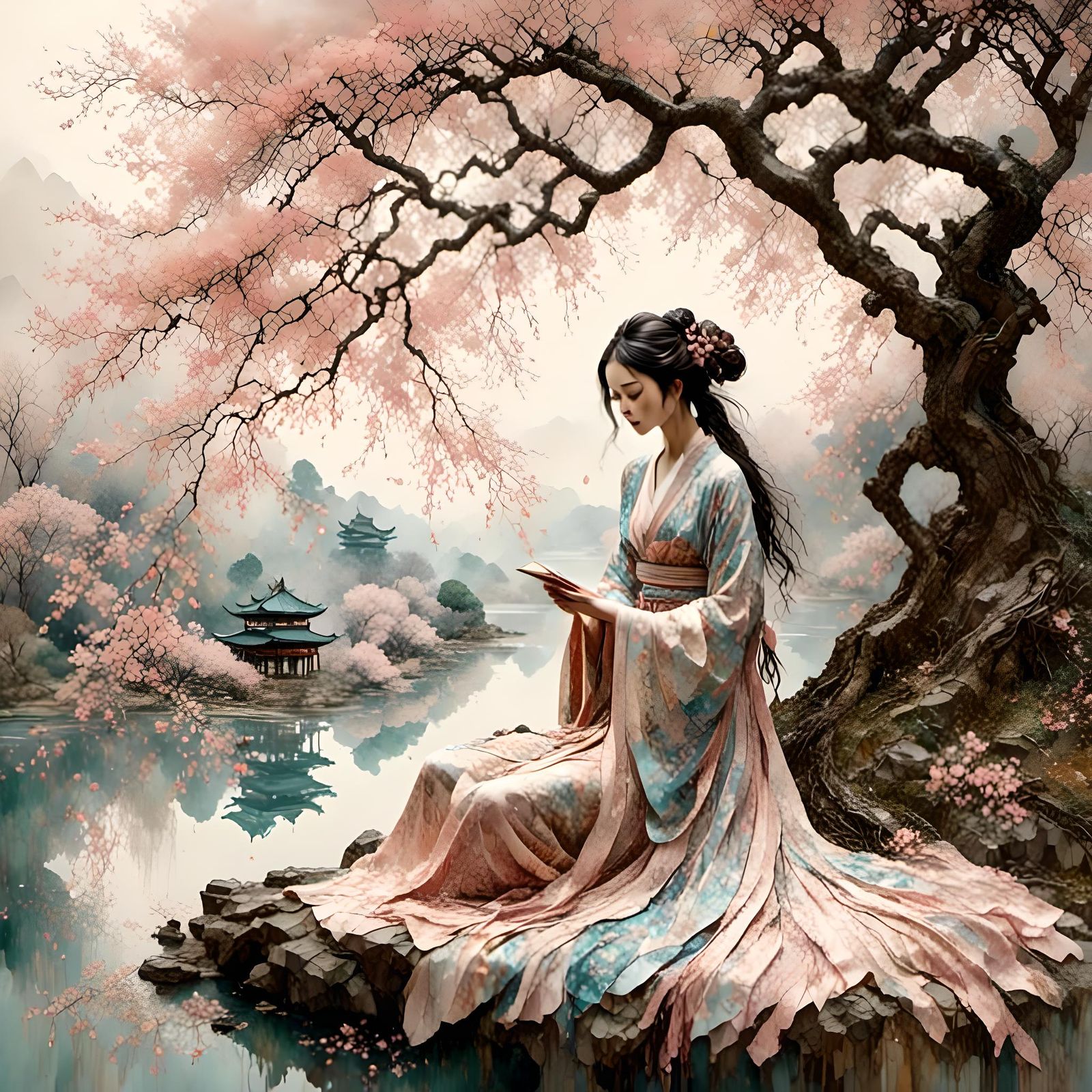 Girl in Hanfu Under Sakura Tree, Watercolor Style