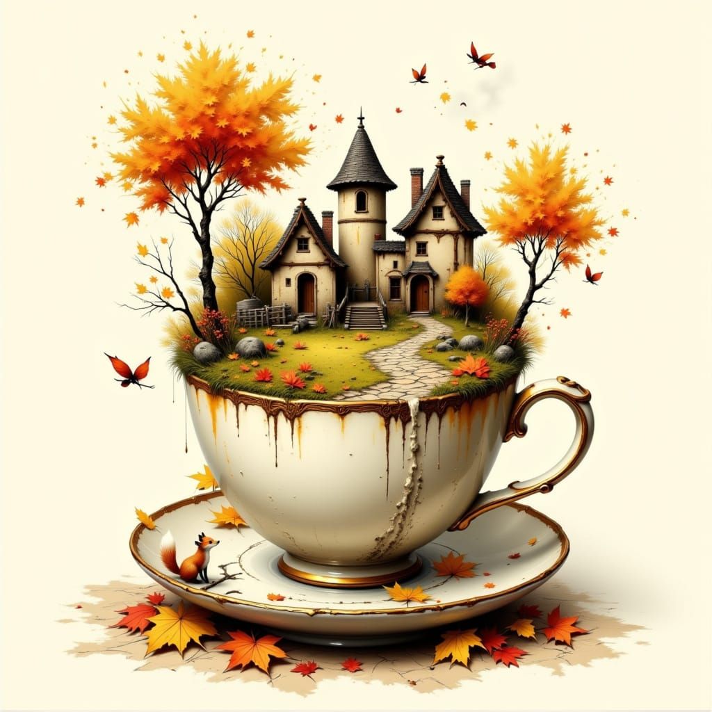 Miniature Autumn Village Inside a Teacup
