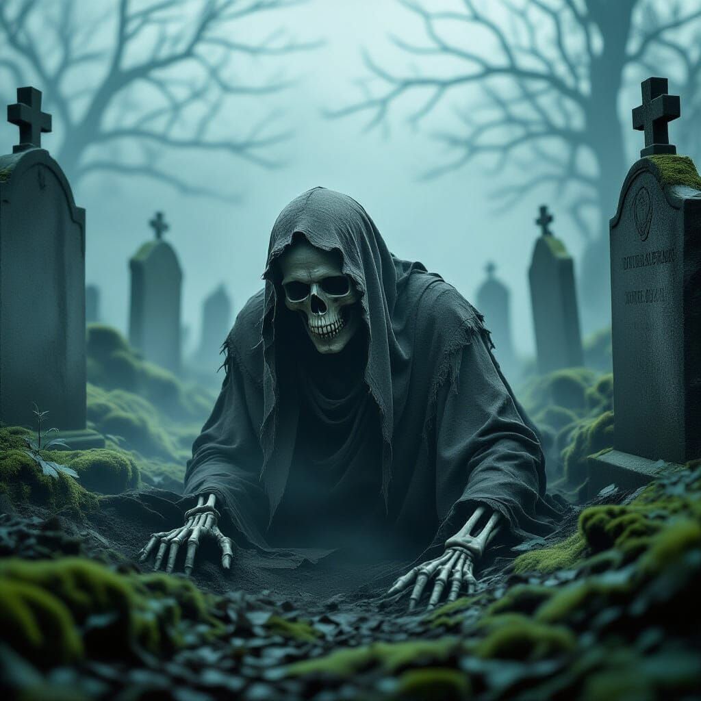 Skeleton Emerges from Grave in Dark Surrealist Style